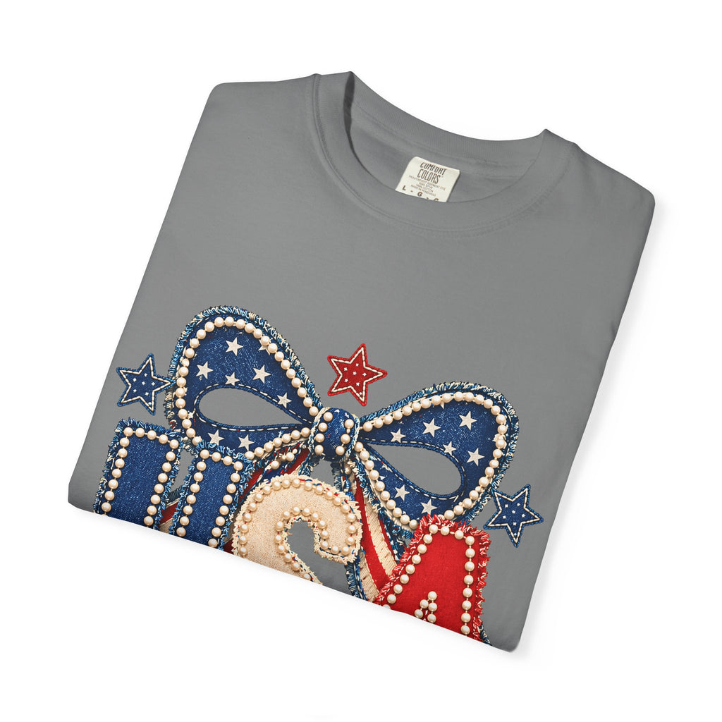 USA Patriotic Bow T‑Shirt — Fourth of July American Flag Tee