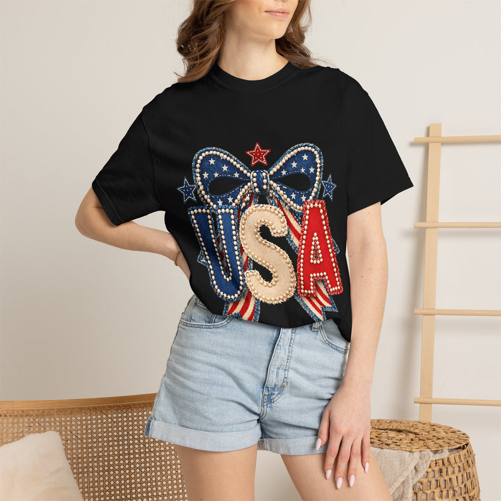 USA Patriotic Bow T‑Shirt — Fourth of July American Flag Tee