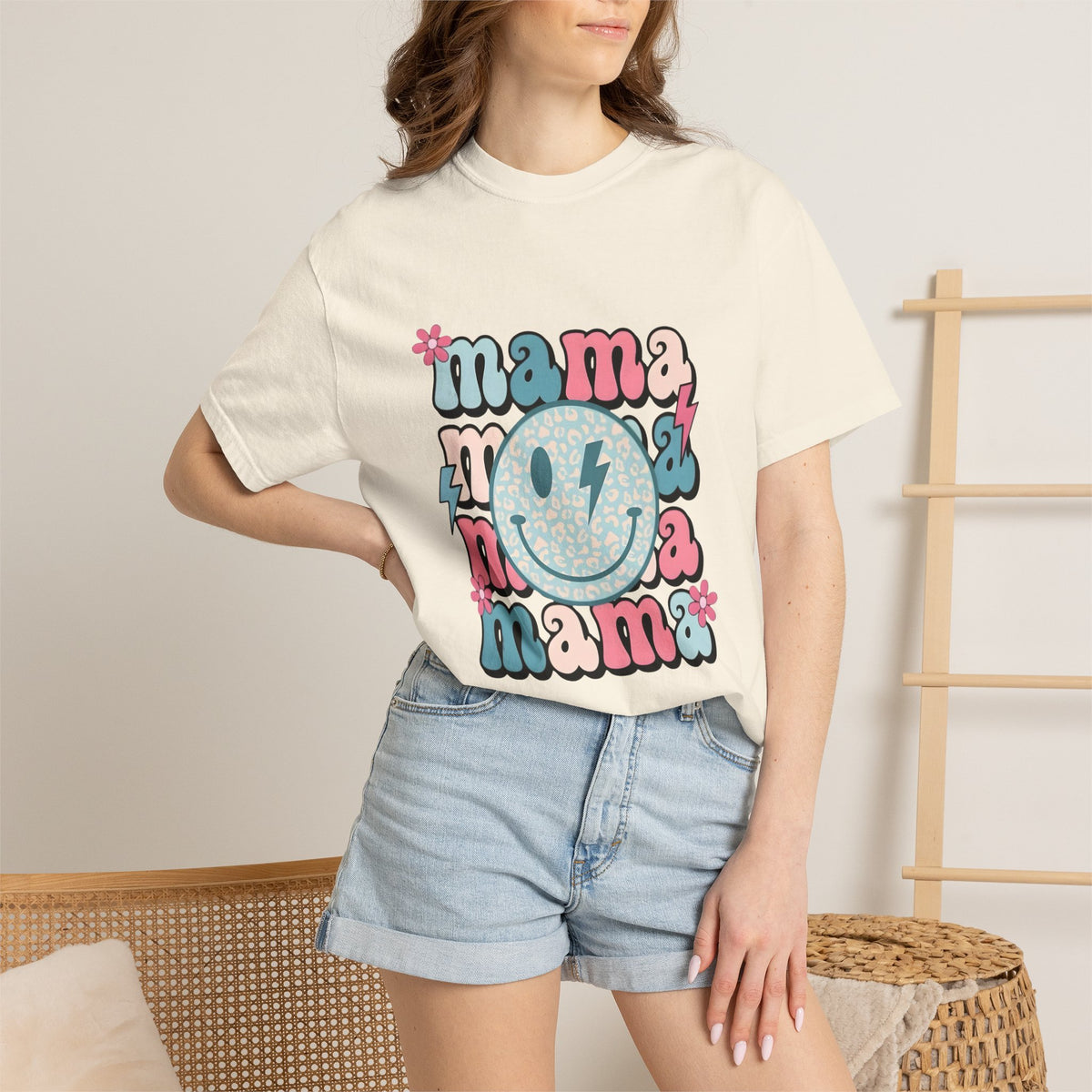 Mama Smiley Graphic T-Shirt — Retro Pink & Blue Mother’s Day Tee