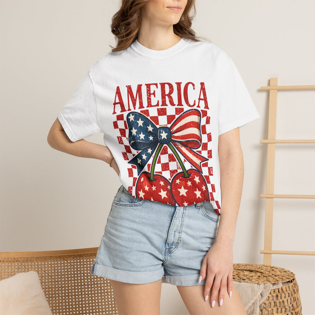 America Cherry Graphic T-Shirt — Patriotic USA Flag Bow Vintage Style