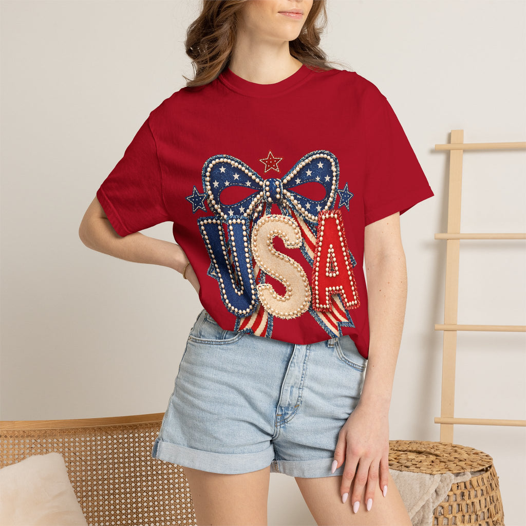 USA Patriotic Bow T‑Shirt — Fourth of July American Flag Tee