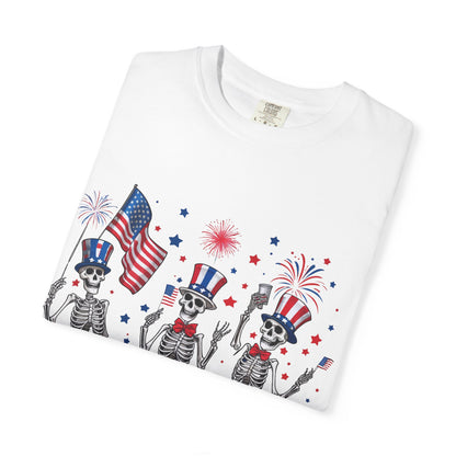 Patriotic Dancing Skeletons T-Shirt | 4th of July Flag Fireworks