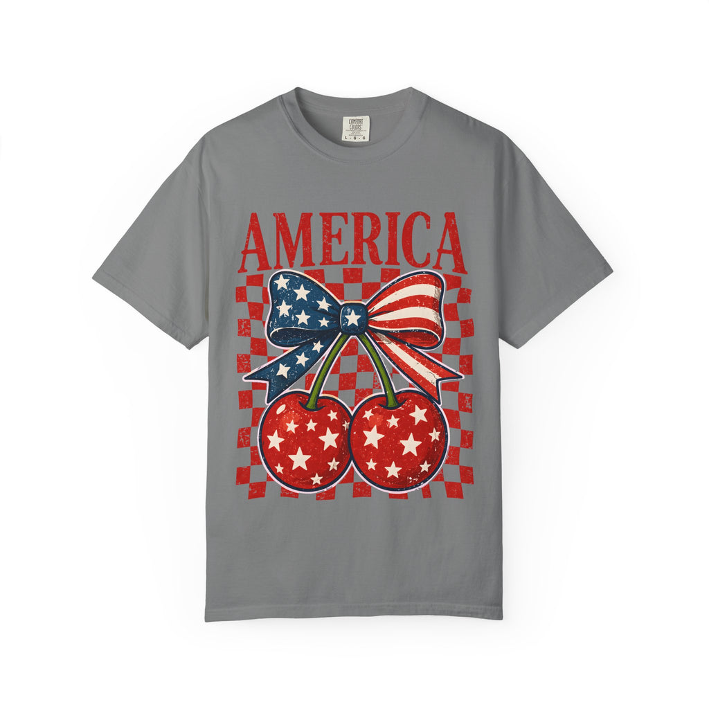 America Cherry Graphic T-Shirt — Patriotic USA Flag Bow Vintage Style