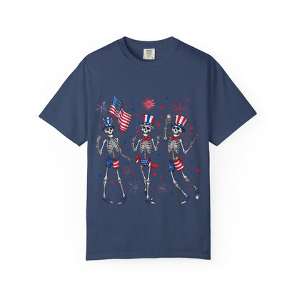 Patriotic Dancing Skeletons T-Shirt | 4th of July Flag Fireworks
