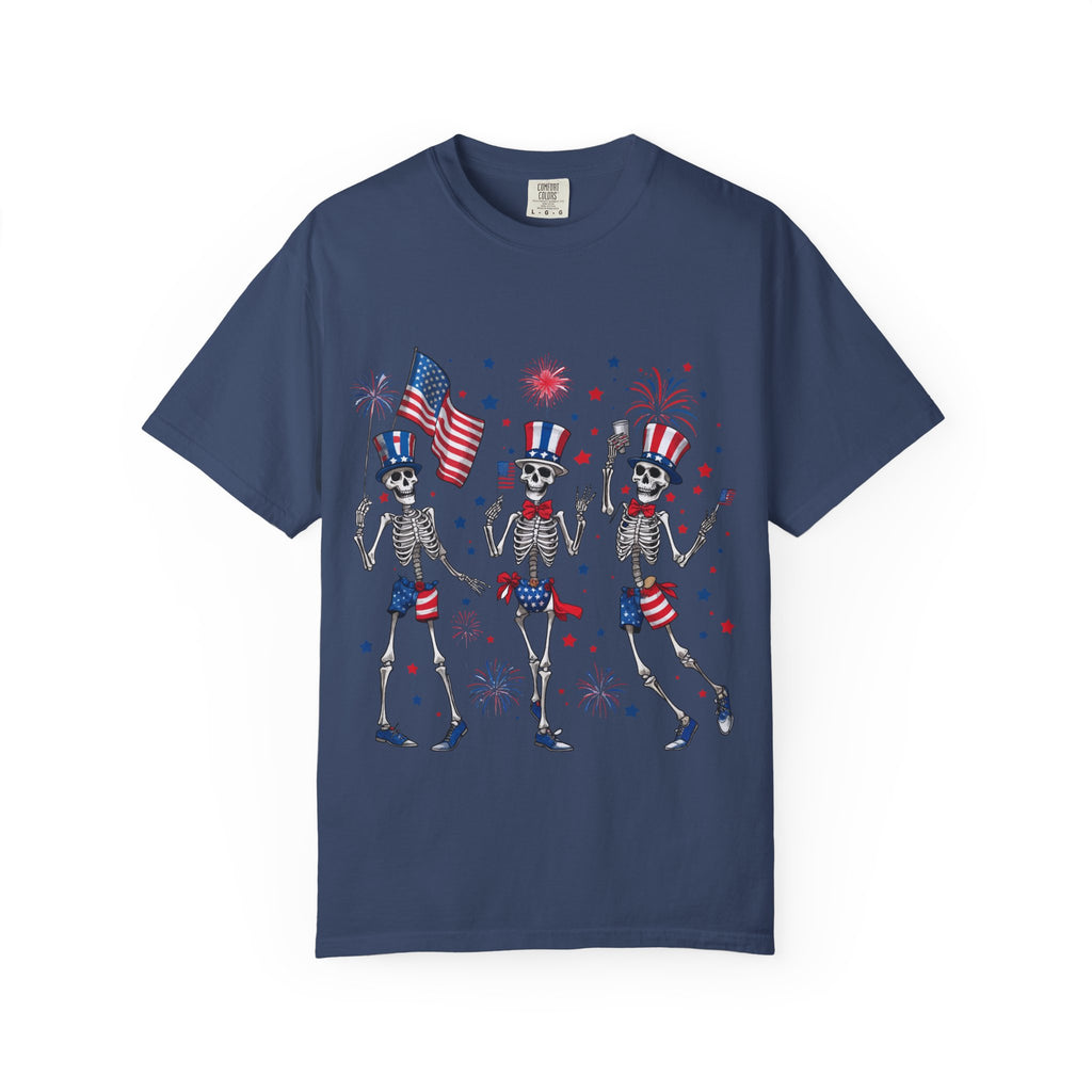 Patriotic Dancing Skeletons T-Shirt | 4th of July Flag Fireworks