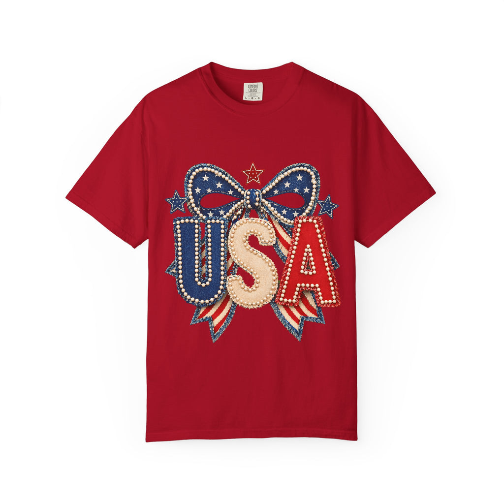 USA Patriotic Bow T‑Shirt — Fourth of July American Flag Tee