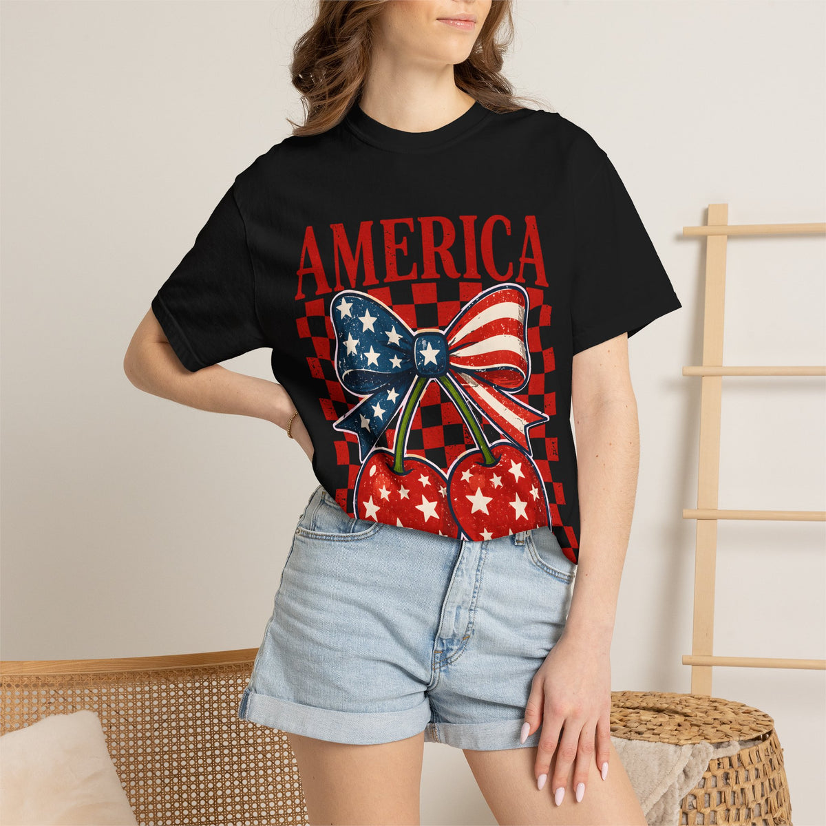 America Cherry Graphic T-Shirt — Patriotic USA Flag Bow Vintage Style
