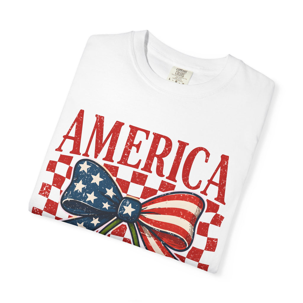 America Cherry Graphic T-Shirt — Patriotic USA Flag Bow Vintage Style