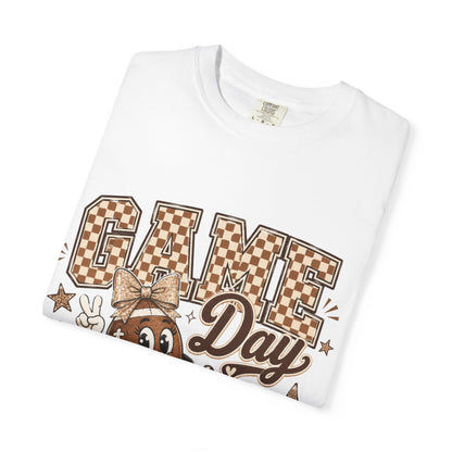 Game Day Retro Football T-Shirt — Vintage Mascot & Checkerboard Design