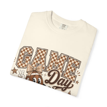 Game Day Retro Football T-Shirt — Vintage Mascot & Checkerboard Design