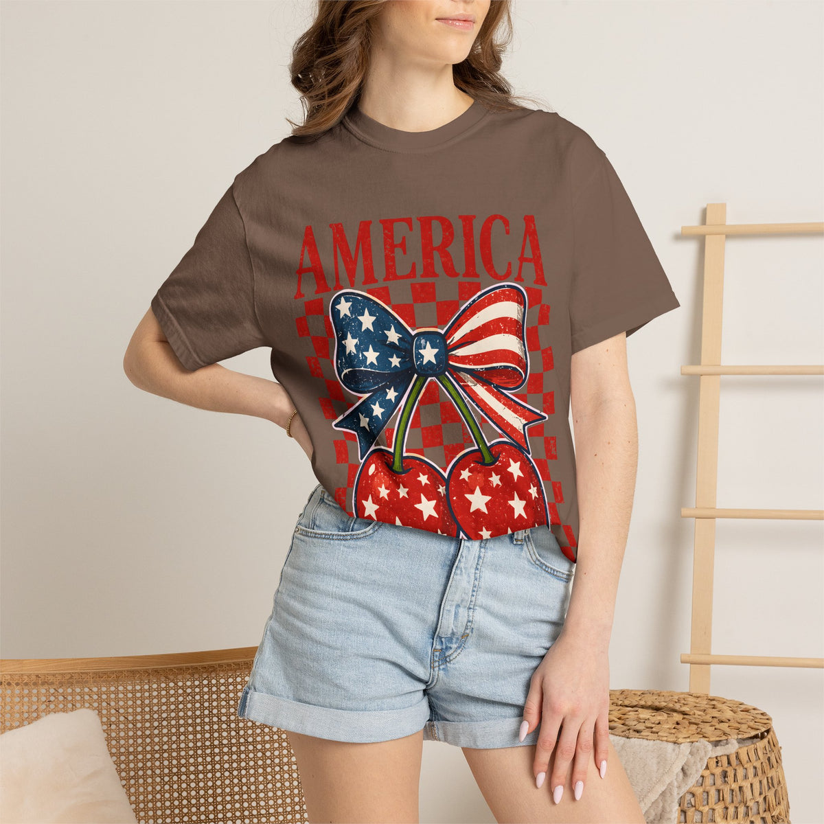 America Cherry Graphic T-Shirt — Patriotic USA Flag Bow Vintage Style