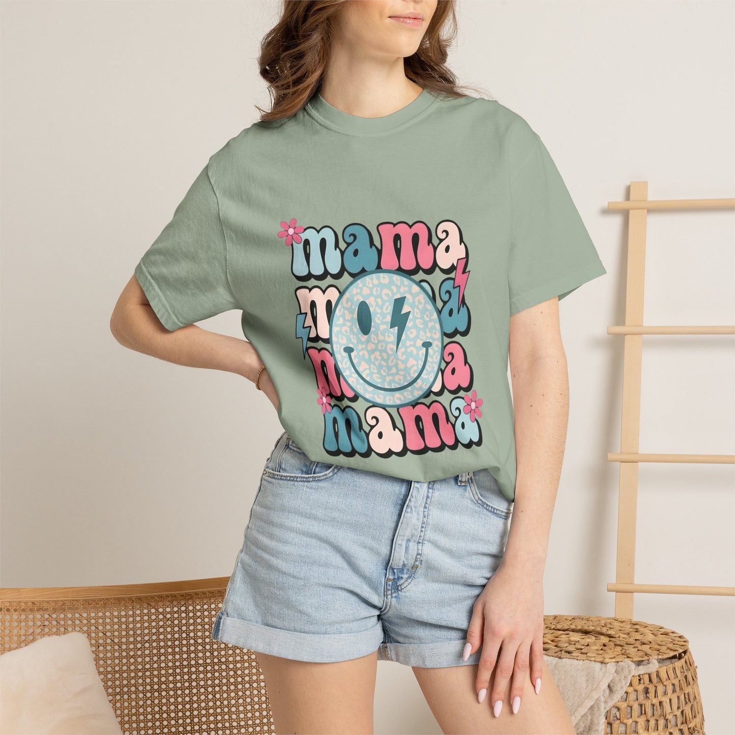 Mama Smiley Graphic T-Shirt — Retro Pink & Blue Mother’s Day Tee