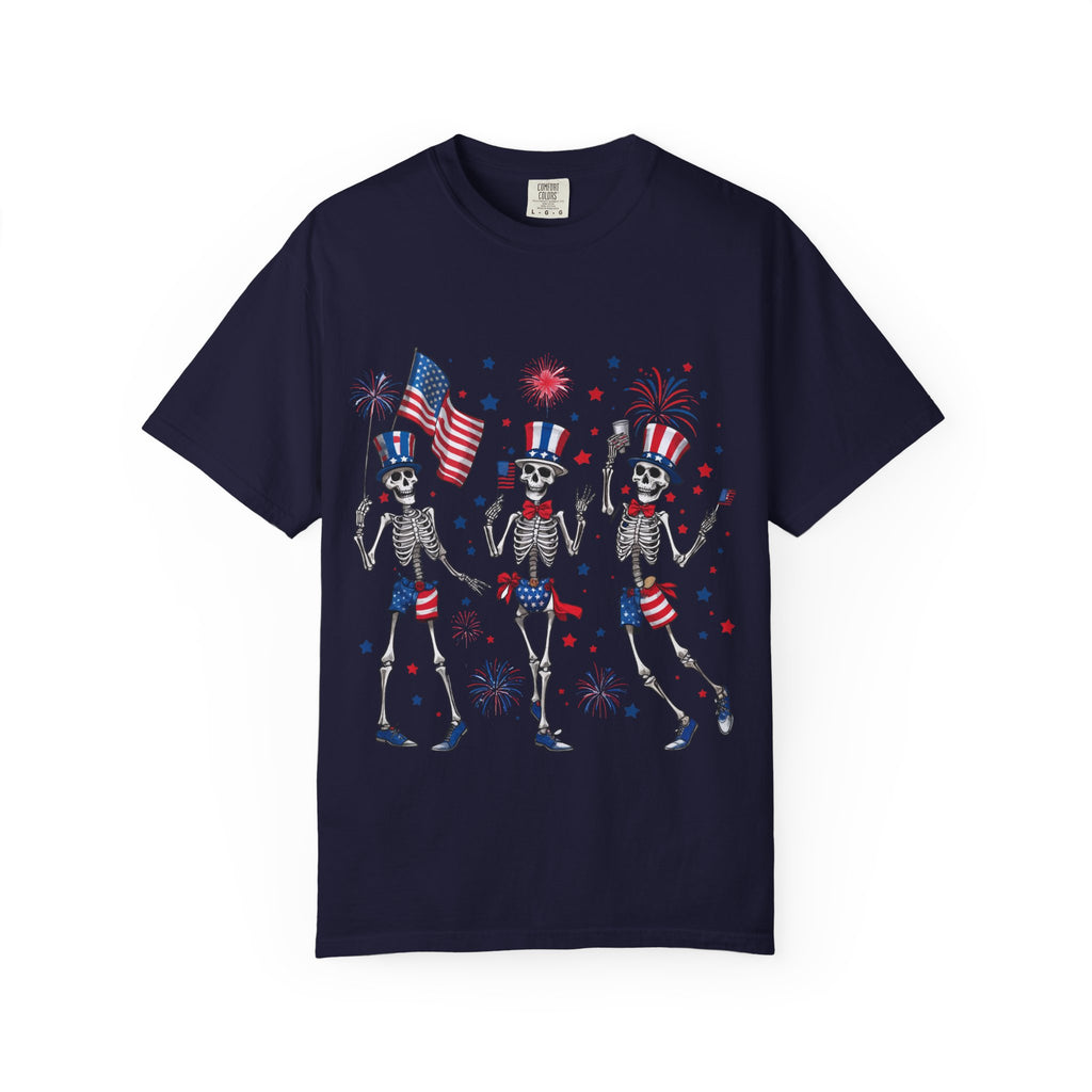 Patriotic Dancing Skeletons T-Shirt | 4th of July Flag Fireworks