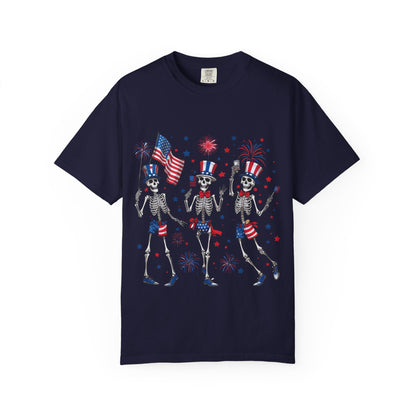 Patriotic Dancing Skeletons T-Shirt | 4th of July Flag Fireworks