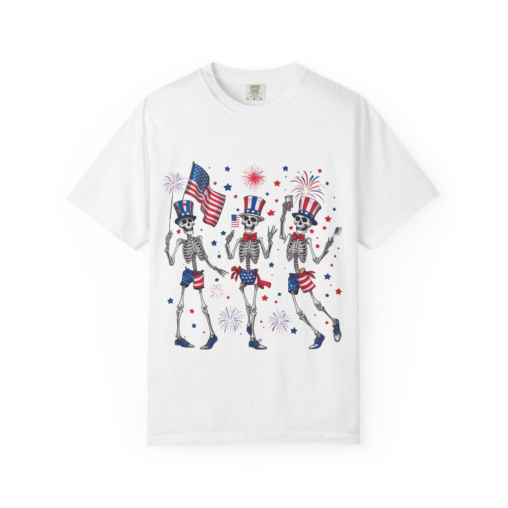 Patriotic Dancing Skeletons T-Shirt | 4th of July Flag Fireworks