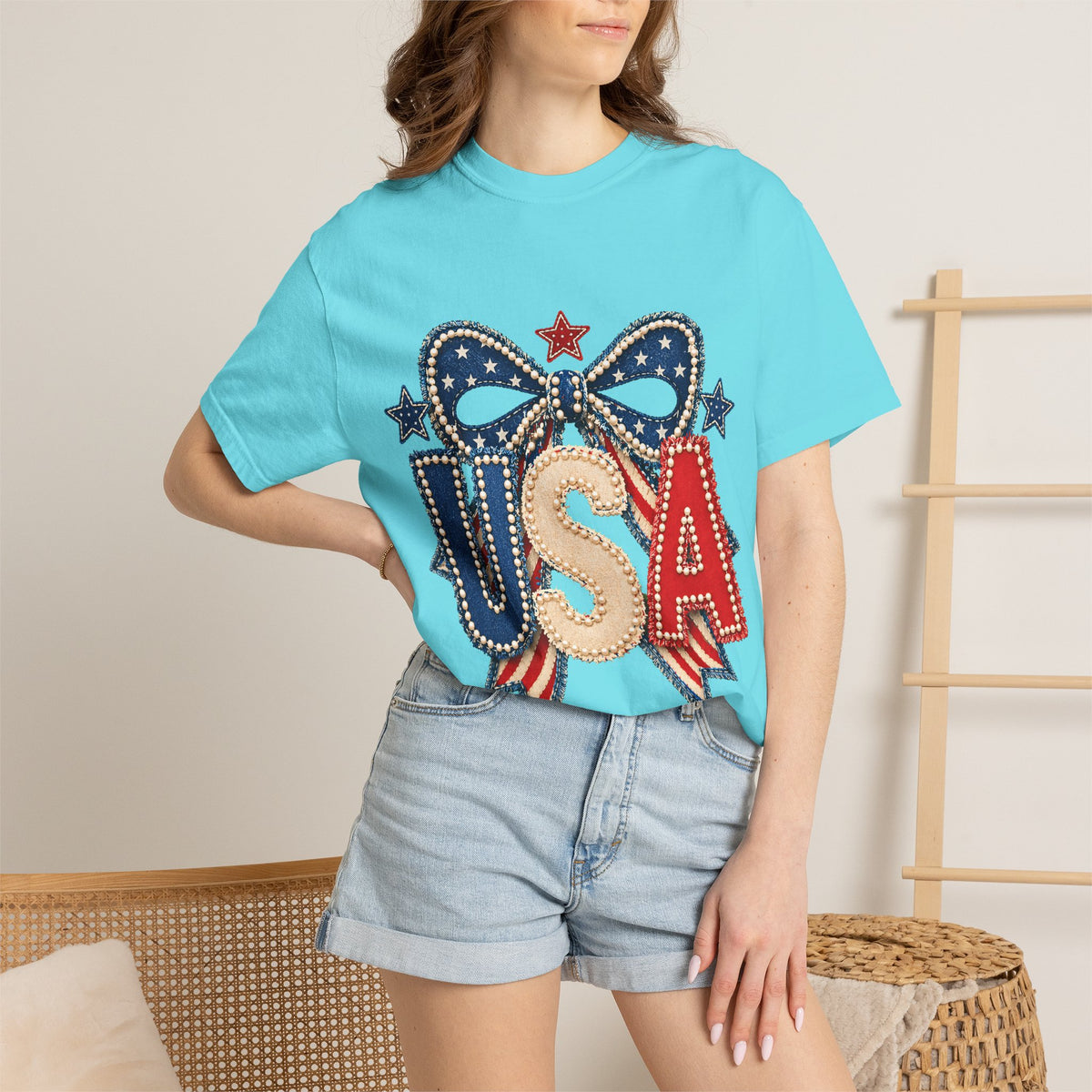 USA Patriotic Bow T‑Shirt — Fourth of July American Flag Tee