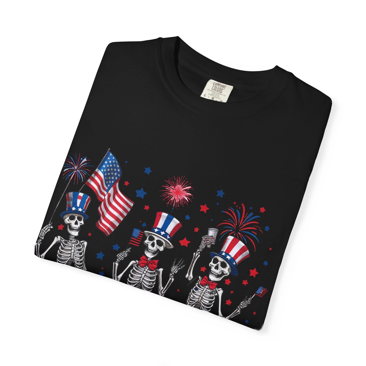 Patriotic Dancing Skeletons T-Shirt | 4th of July Flag Fireworks