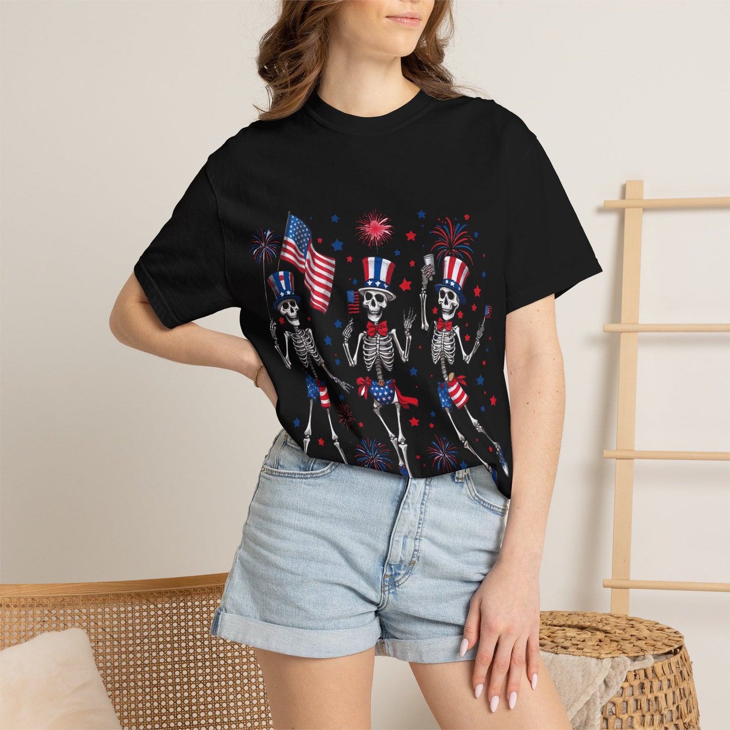Patriotic Dancing Skeletons T-Shirt | 4th of July Flag Fireworks