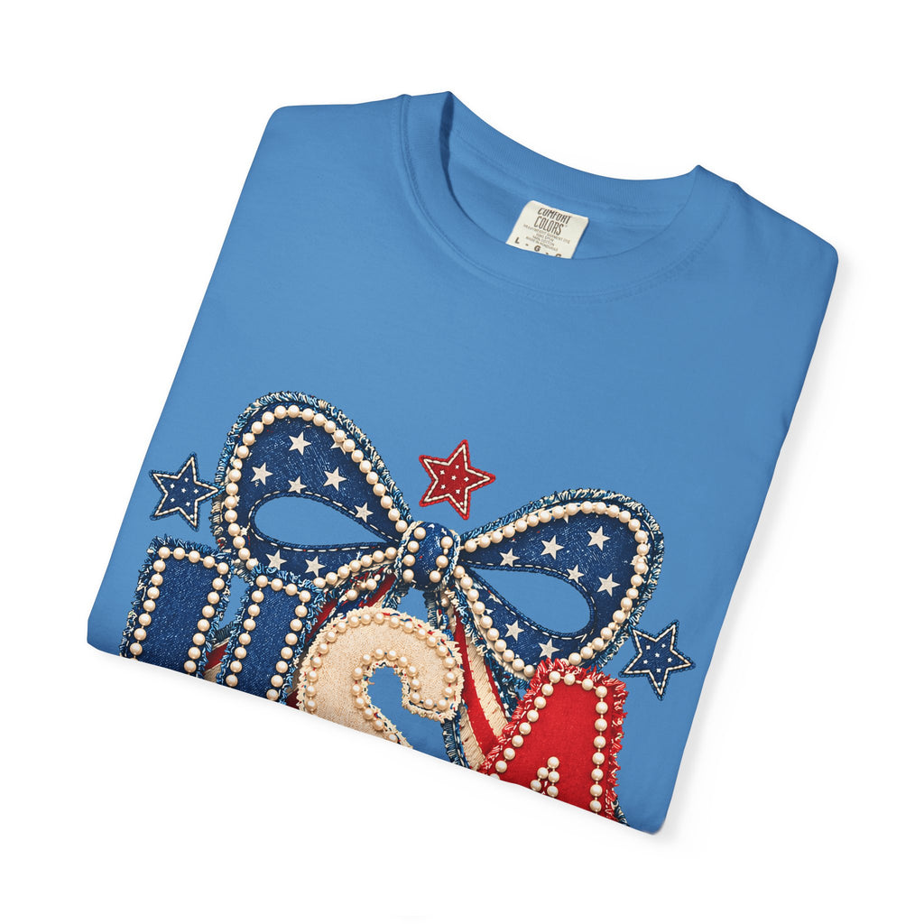 USA Patriotic Bow T‑Shirt — Fourth of July American Flag Tee