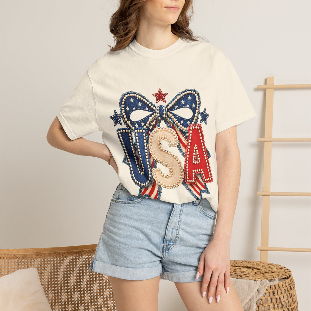 USA Patriotic Bow T‑Shirt — Fourth of July American Flag Tee