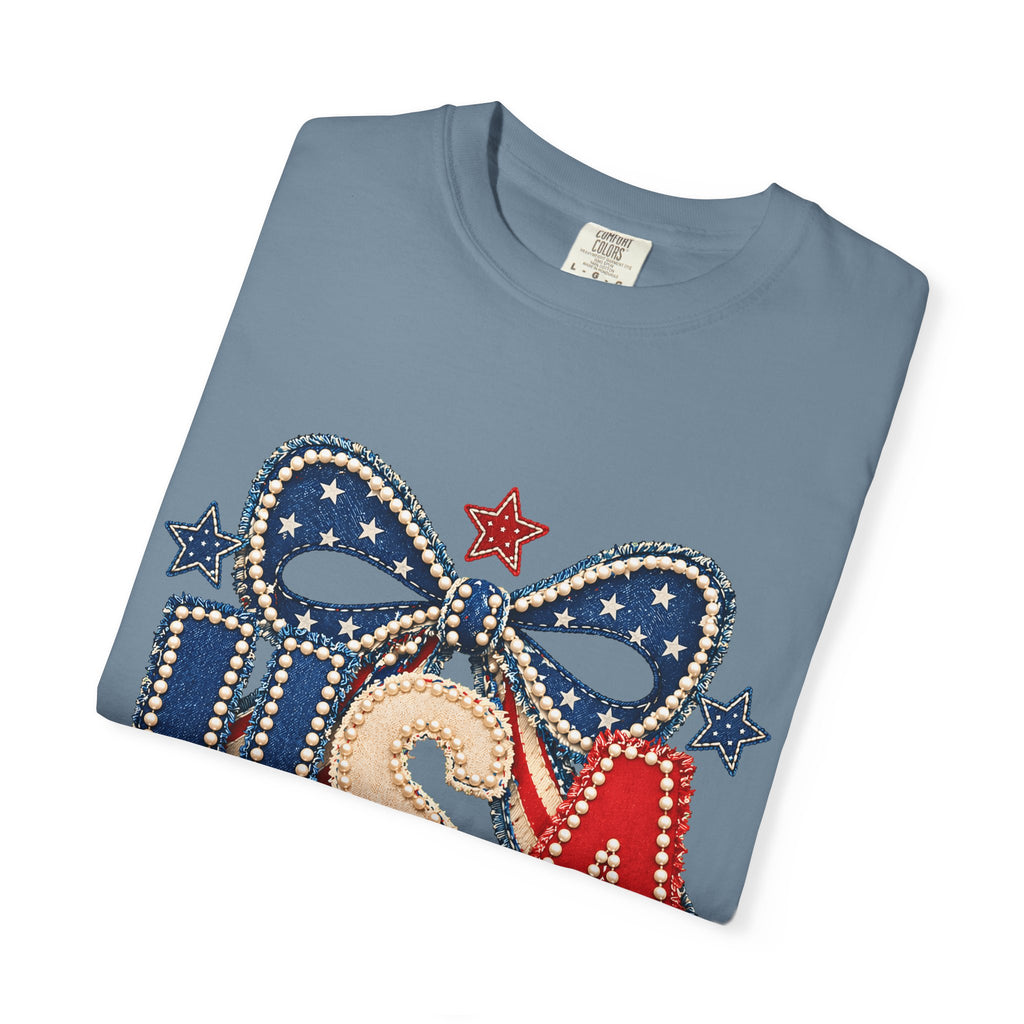 USA Patriotic Bow T‑Shirt — Fourth of July American Flag Tee