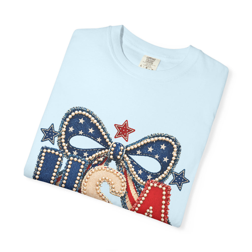 USA Patriotic Bow T‑Shirt — Fourth of July American Flag Tee