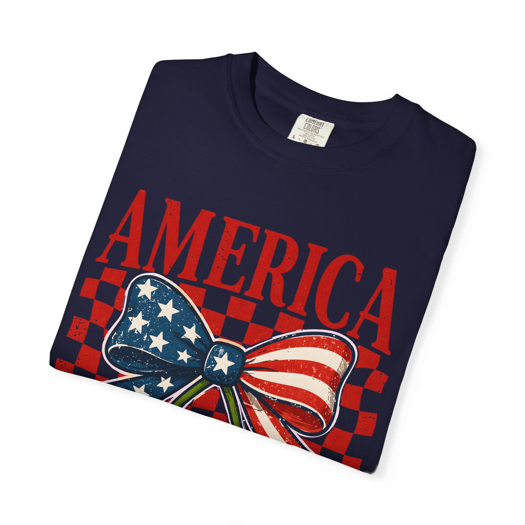 America Cherry Graphic T-Shirt — Patriotic USA Flag Bow Vintage Style