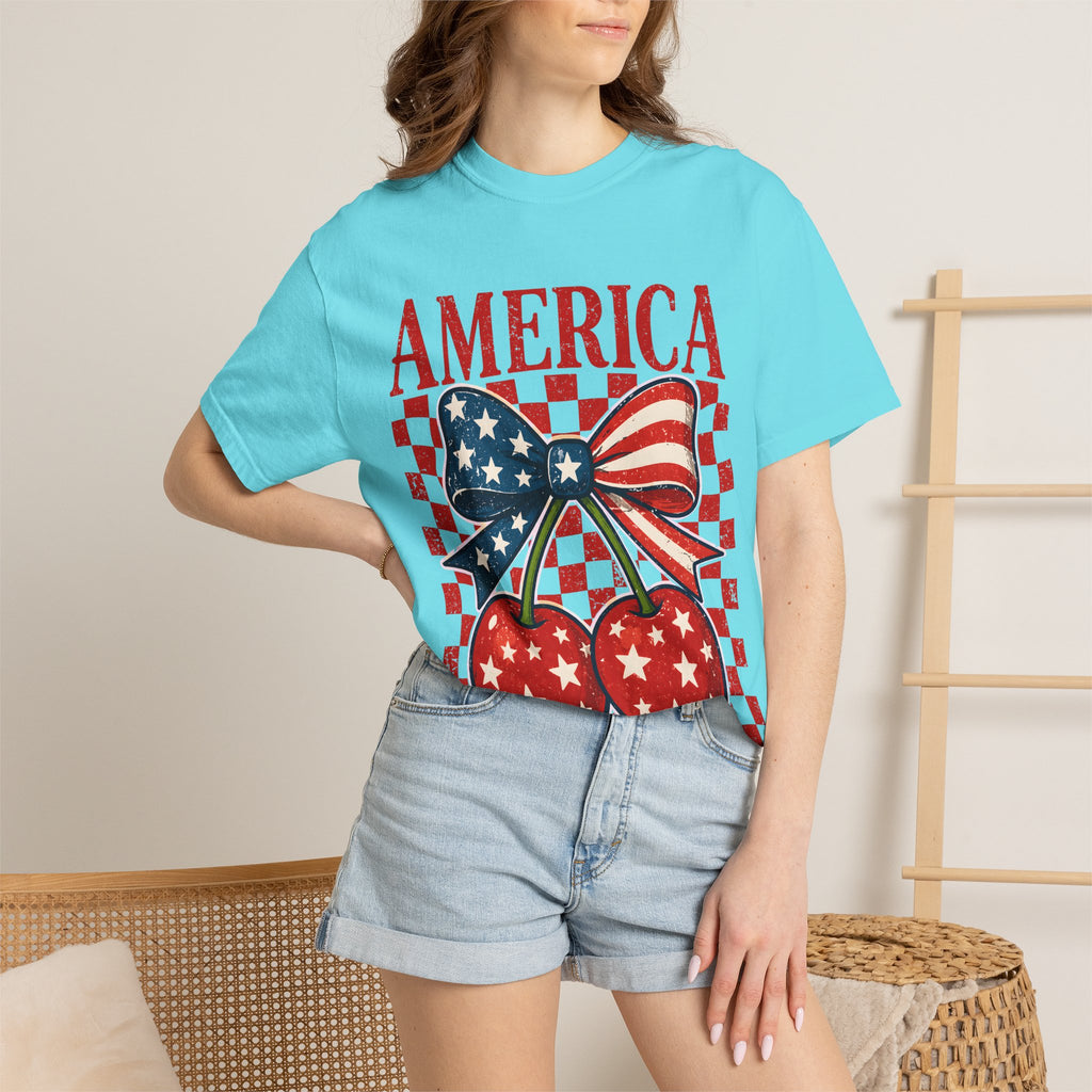 America Cherry Graphic T-Shirt — Patriotic USA Flag Bow Vintage Style