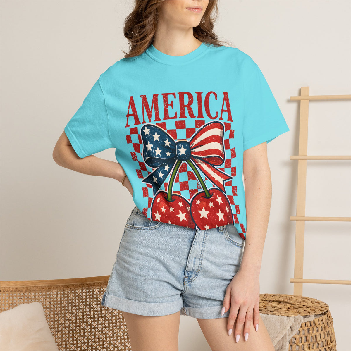America Cherry Graphic T-Shirt — Patriotic USA Flag Bow Vintage Style