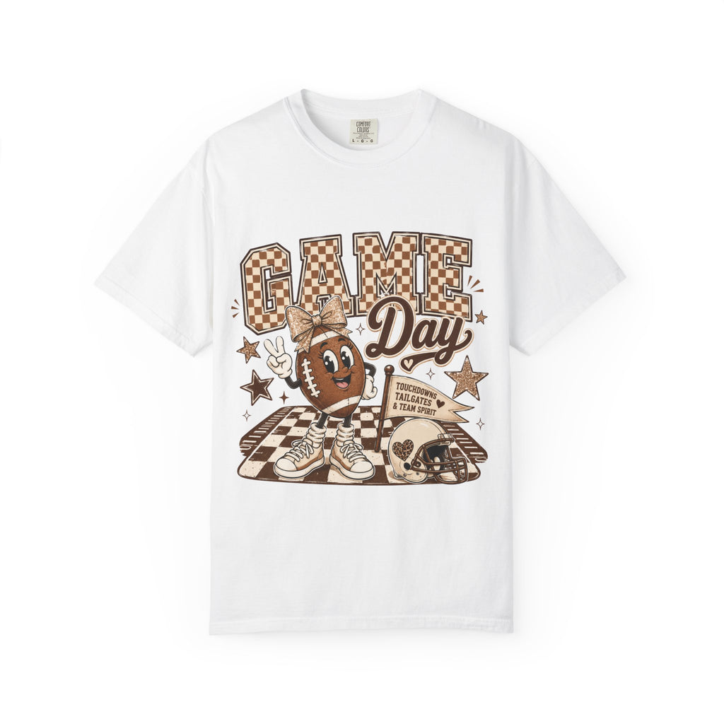 Game Day Retro Football T-Shirt — Vintage Mascot & Checkerboard Design