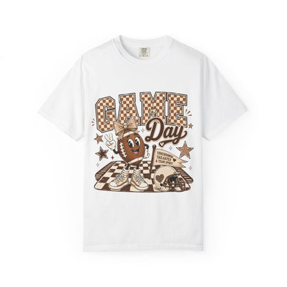Game Day Retro Football T-Shirt — Vintage Mascot & Checkerboard Design