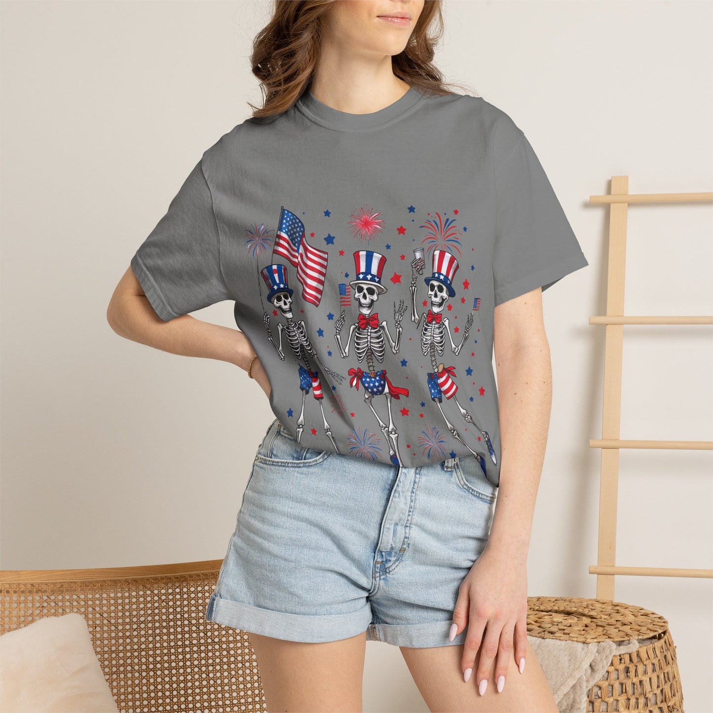 Patriotic Dancing Skeletons T-Shirt | 4th of July Flag Fireworks