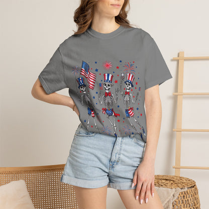 Patriotic Dancing Skeletons T-Shirt | 4th of July Flag Fireworks