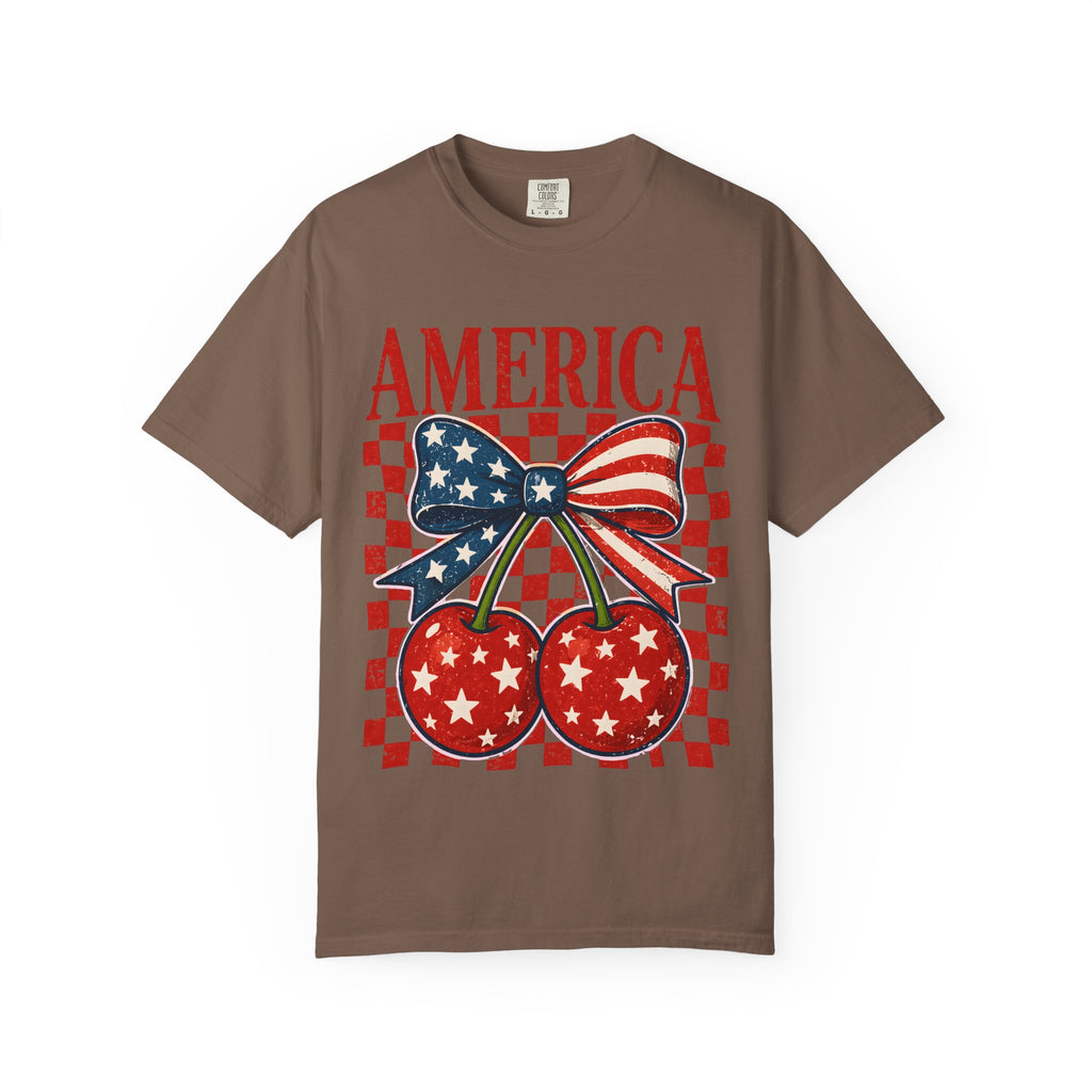 America Cherry Graphic T-Shirt — Patriotic USA Flag Bow Vintage Style