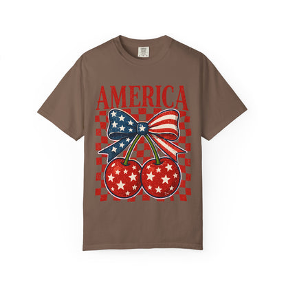 America Cherry Graphic T-Shirt — Patriotic USA Flag Bow Vintage Style