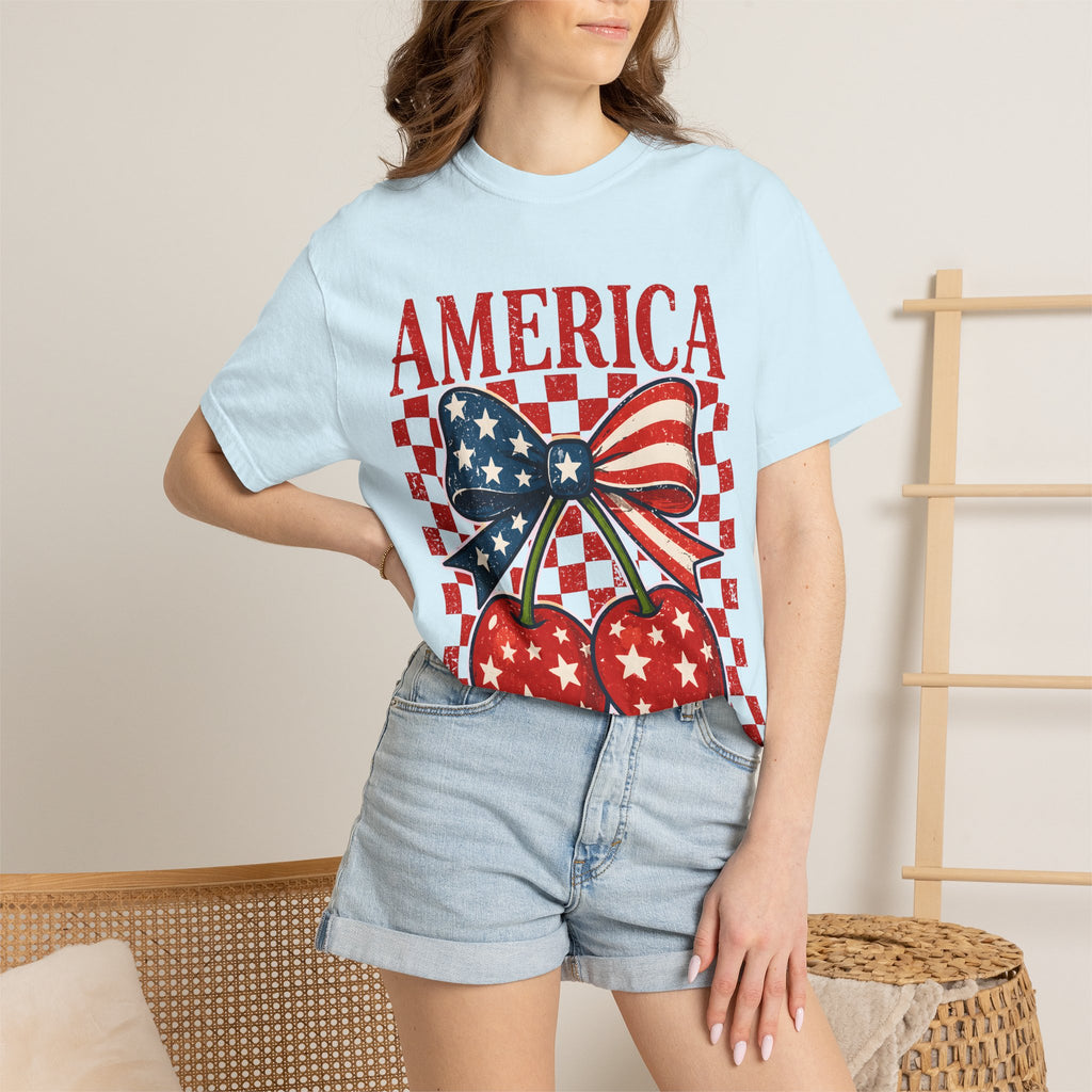 America Cherry Graphic T-Shirt — Patriotic USA Flag Bow Vintage Style