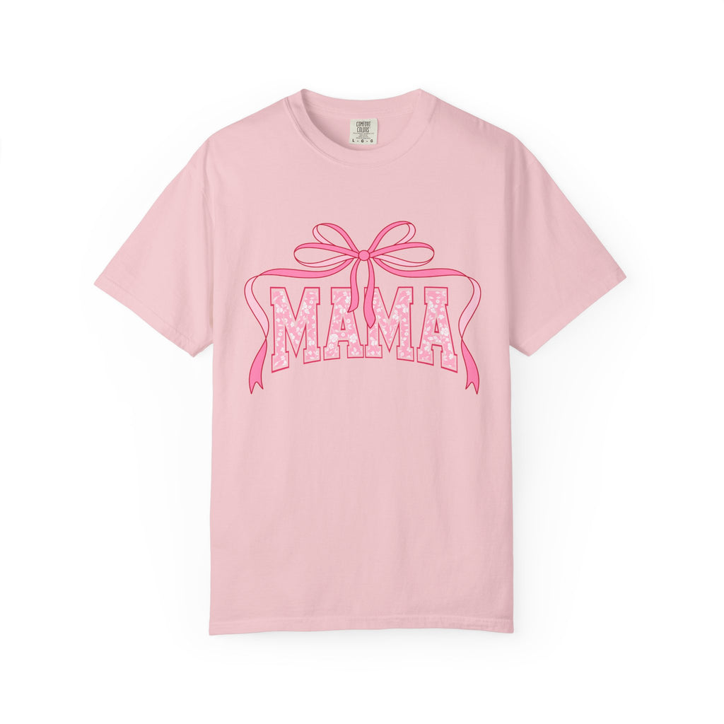 Mama Pink Bow T-Shirt — Floral Lettering Mother’s Day Tee