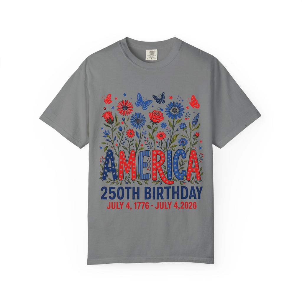 T-Shirt — 'America 250th Birthday' Patriotic Floral July 4th Tee