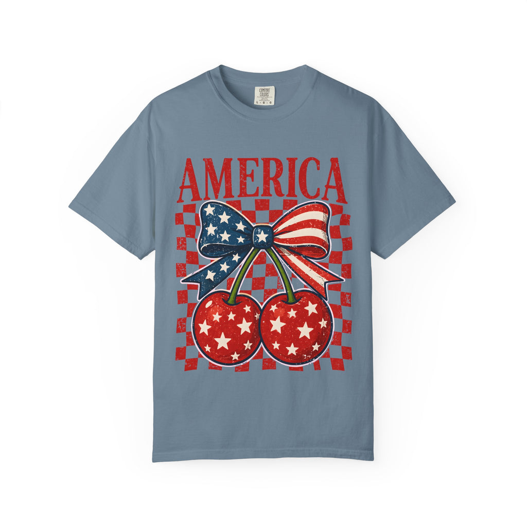 America Cherry Graphic T-Shirt — Patriotic USA Flag Bow Vintage Style