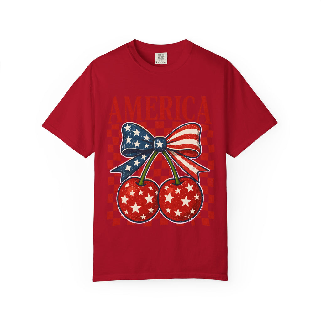 America Cherry Graphic T-Shirt — Patriotic USA Flag Bow Vintage Style
