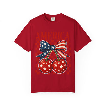 America Cherry Graphic T-Shirt — Patriotic USA Flag Bow Vintage Style