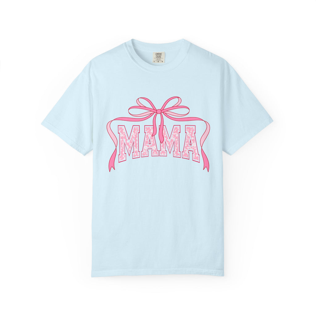 Mama Pink Bow T-Shirt — Floral Lettering Mother’s Day Tee