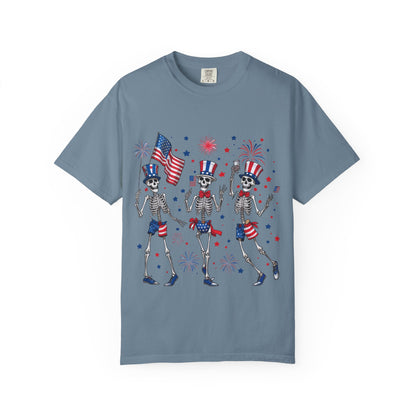 Patriotic Dancing Skeletons T-Shirt | 4th of July Flag Fireworks