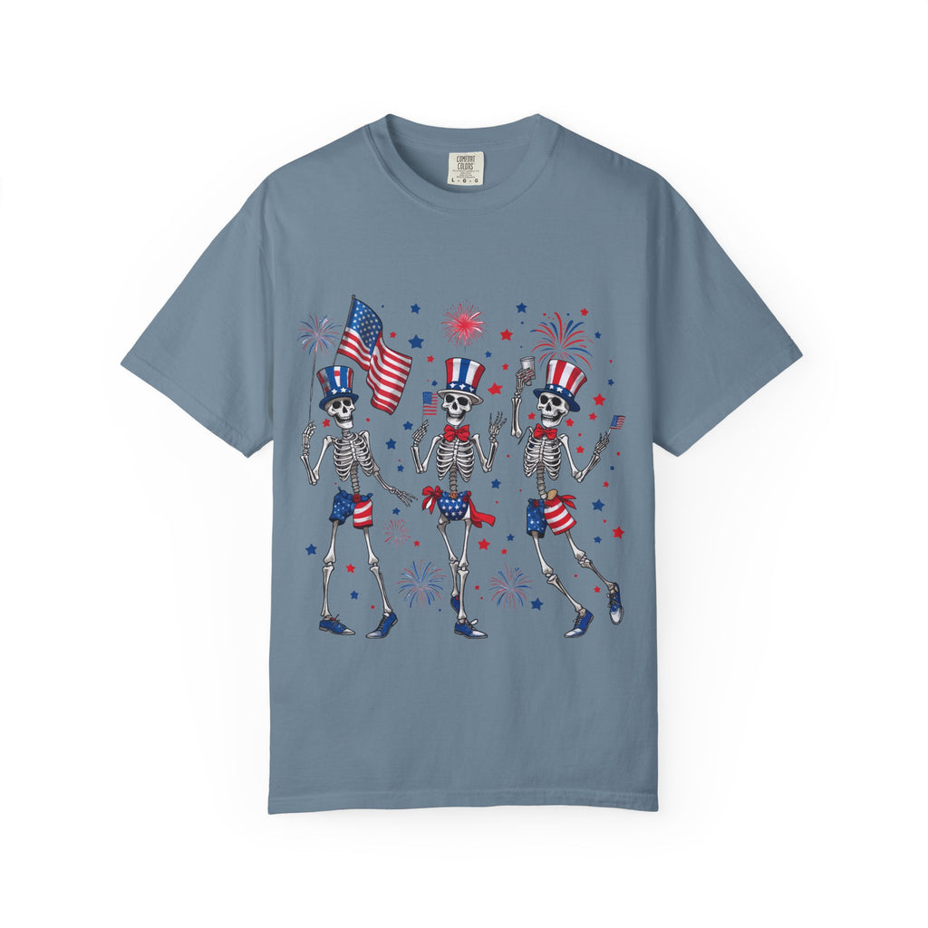 Patriotic Dancing Skeletons T-Shirt | 4th of July Flag Fireworks