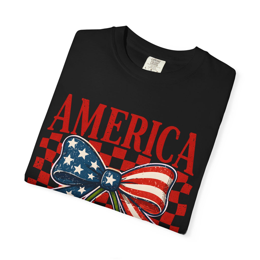 America Cherry Graphic T-Shirt — Patriotic USA Flag Bow Vintage Style