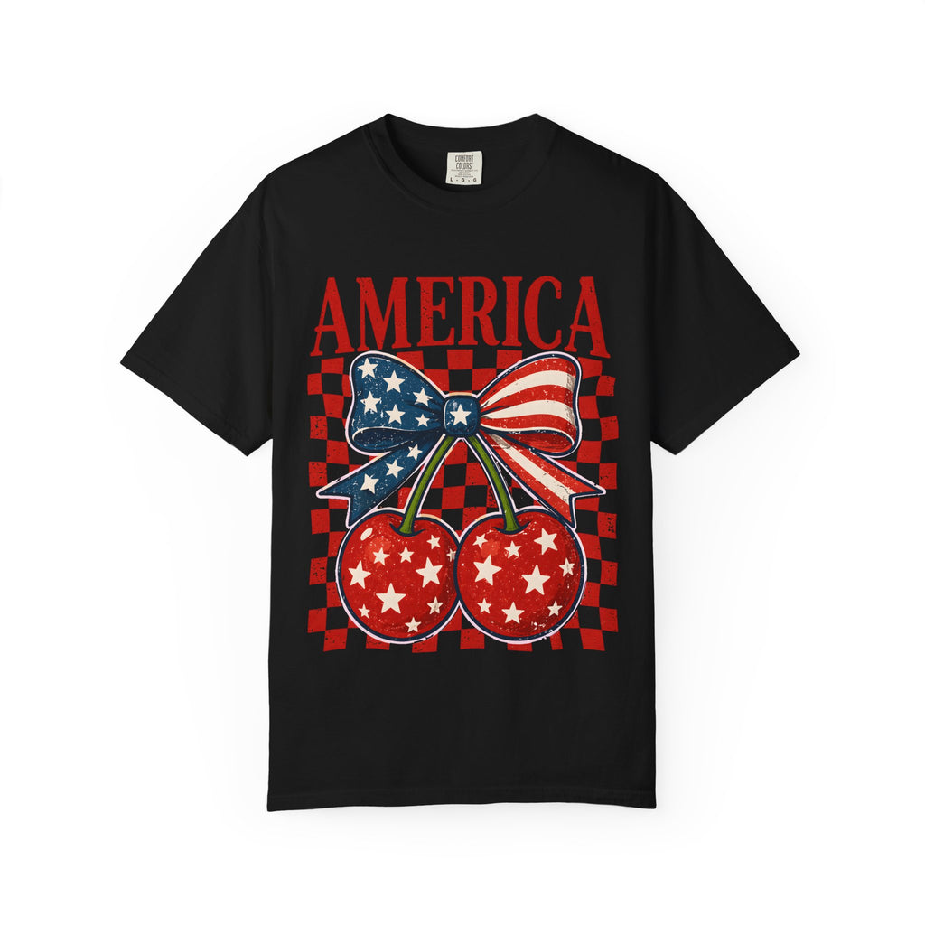America Cherry Graphic T-Shirt — Patriotic USA Flag Bow Vintage Style