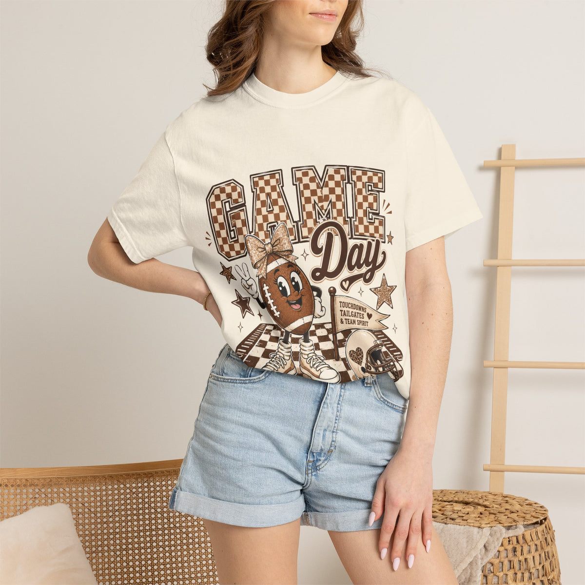 Game Day Retro Football T-Shirt — Vintage Mascot & Checkerboard Design