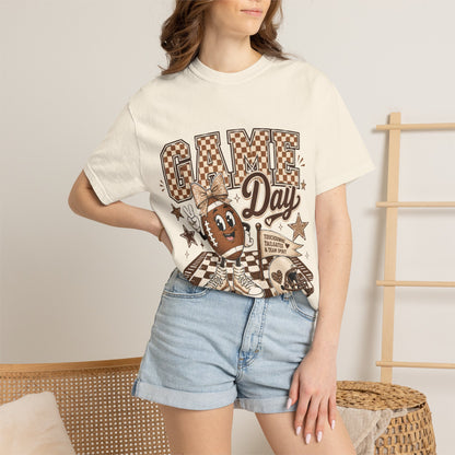 Game Day Retro Football T-Shirt — Vintage Mascot & Checkerboard Design