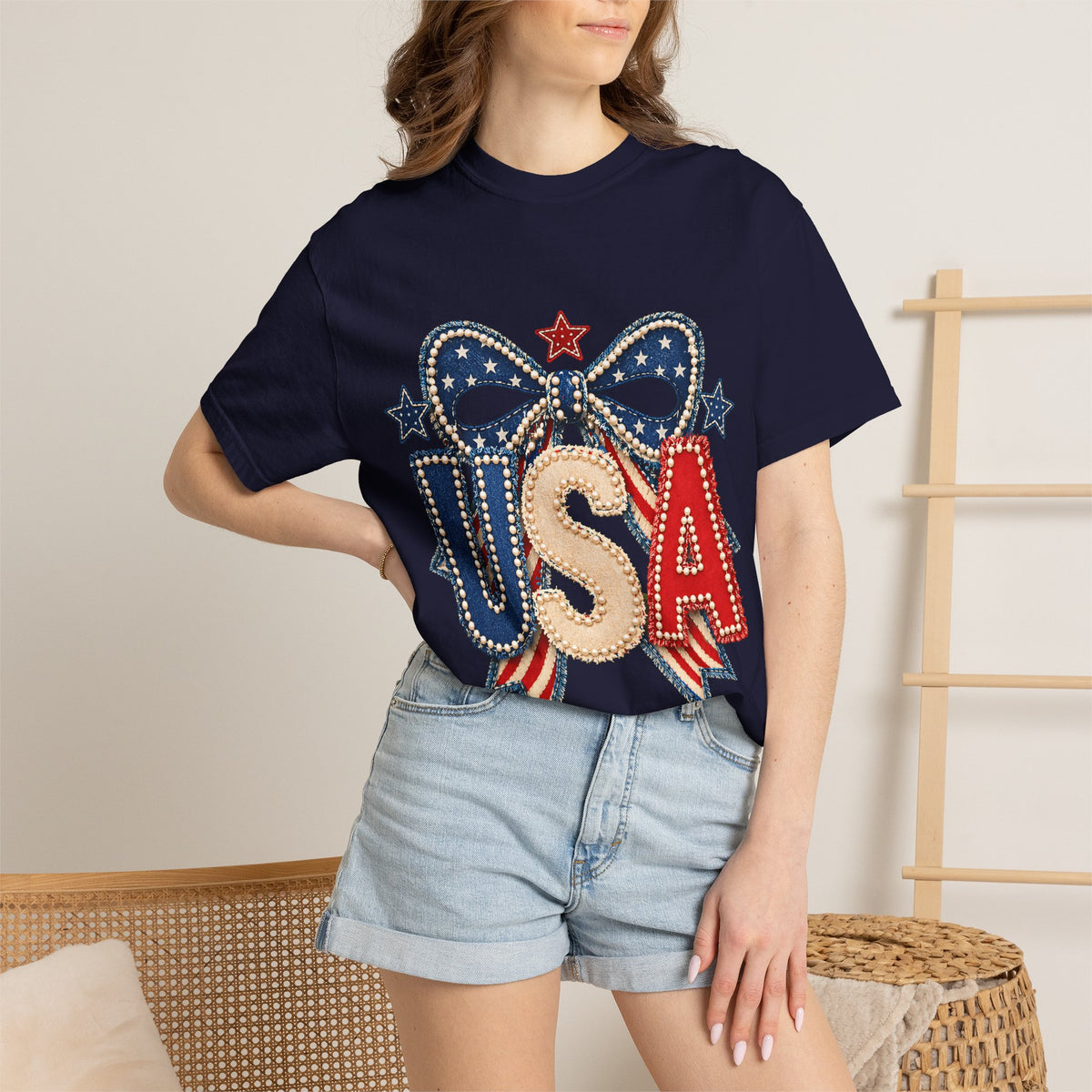 USA Patriotic Bow T‑Shirt — Fourth of July American Flag Tee