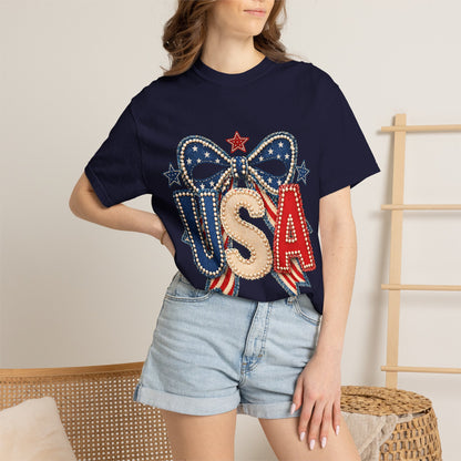 USA Patriotic Bow T‑Shirt — Fourth of July American Flag Tee